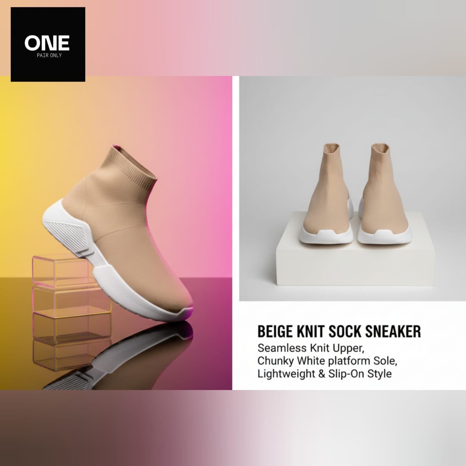 Beige Knit Sock Sneakers