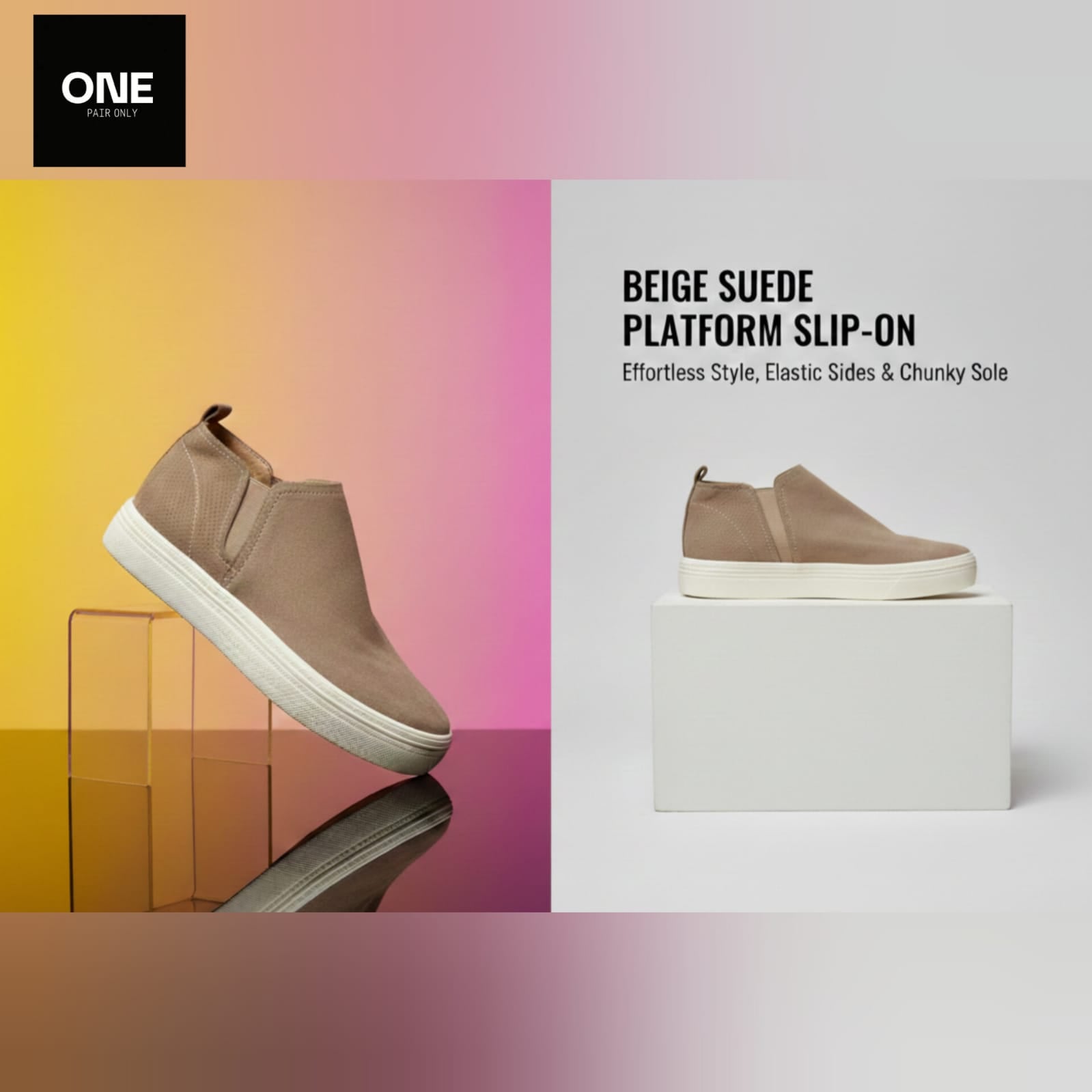 Beige Suede Platform Slip-On Sneakers