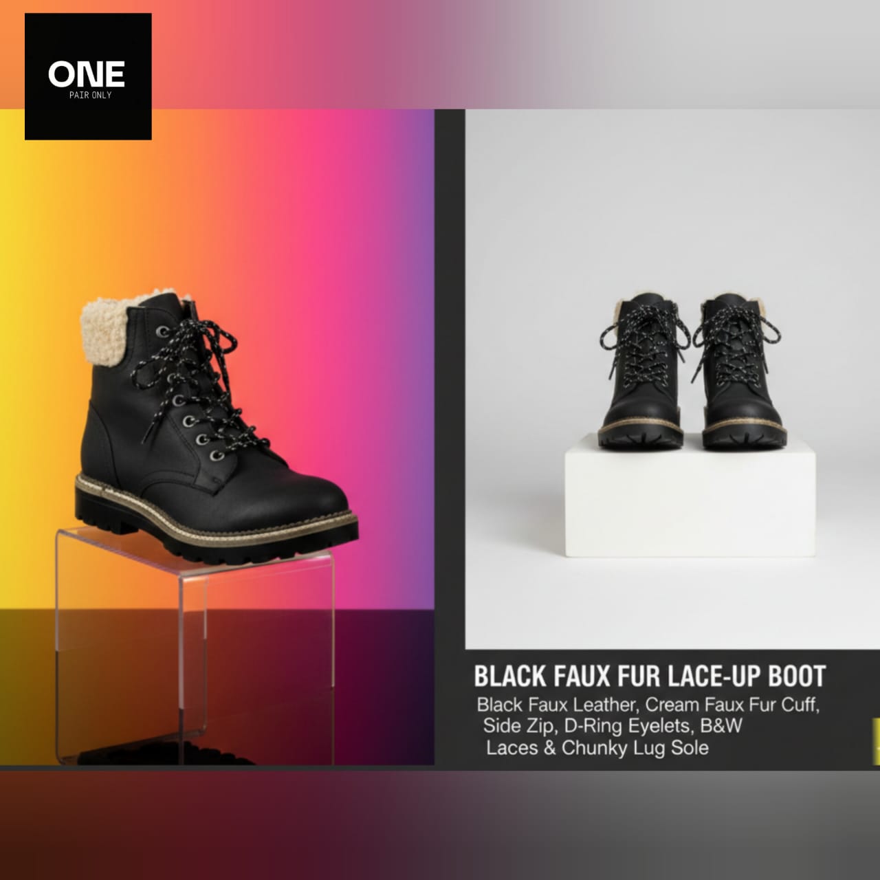 Black Faux Fur Lace-Up Boots