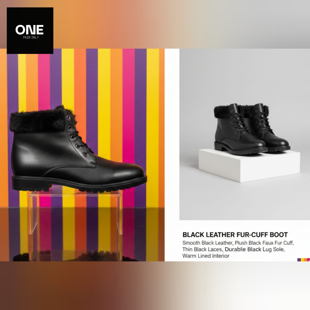 Black Leather Fur-Cuff Boots